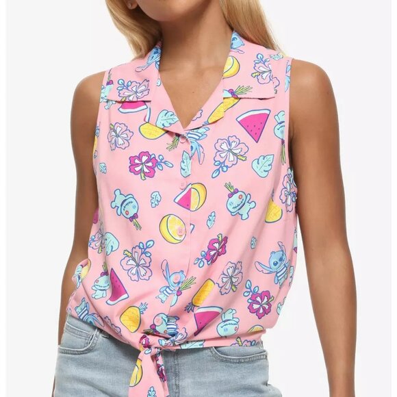 Hot Topic Disney Lilo & Stitch Flowers & Fruit Tie-Front Pink Tank Top Size 2X - Picture 1 of 12
